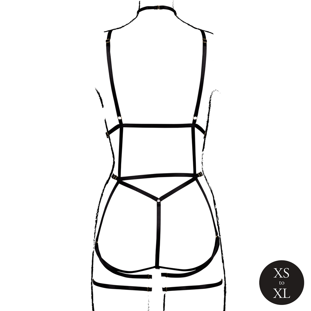 Strappy Open Cup Body Harness with Garters - One Size - Black XS/XL - obrazek 6
