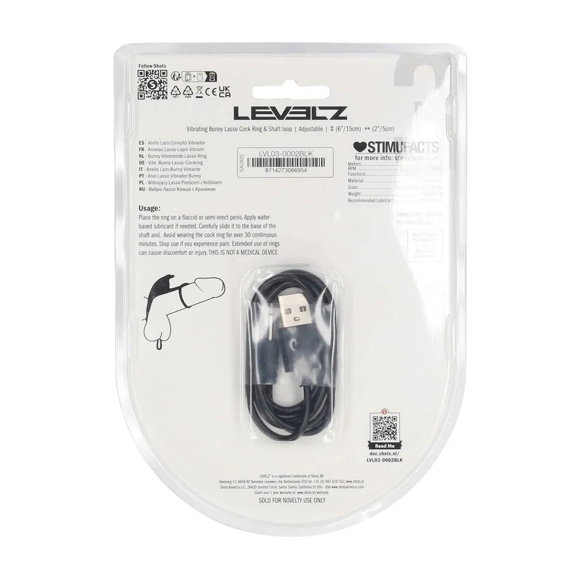 Adjustable Bunny Vibrating Silicone Lasso Cockring and Shaft Loop - Black - obrazek 4