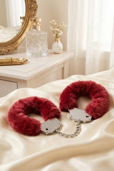 Ouch! Heavy-Duty Fluffy Handcuffs – Pluszowe Kajdanki z Szybkim Otwarciem, Bordowe